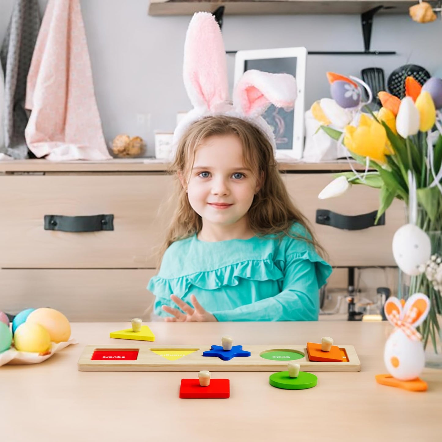 QODOFLR Jumbo Knob Wooden Shape Puzzle – Montessori Sorting Toy for Toddlers Ages 1-3, Preschool Learning Peg Puzzle for Boys & Girls 1-2