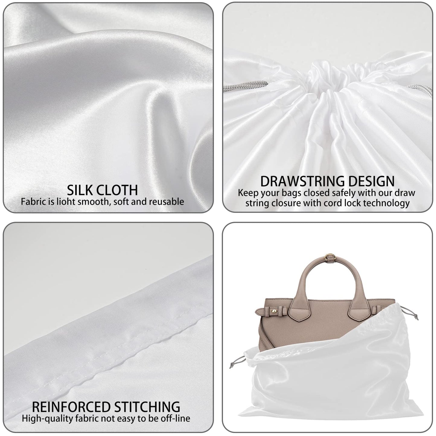6-Pack Silk Dust Bags for Handbags – Drawstring Storage Pouches for Purses, Shoes & Boots, Travel Dustproof Bags 19.6×15.7 in, White