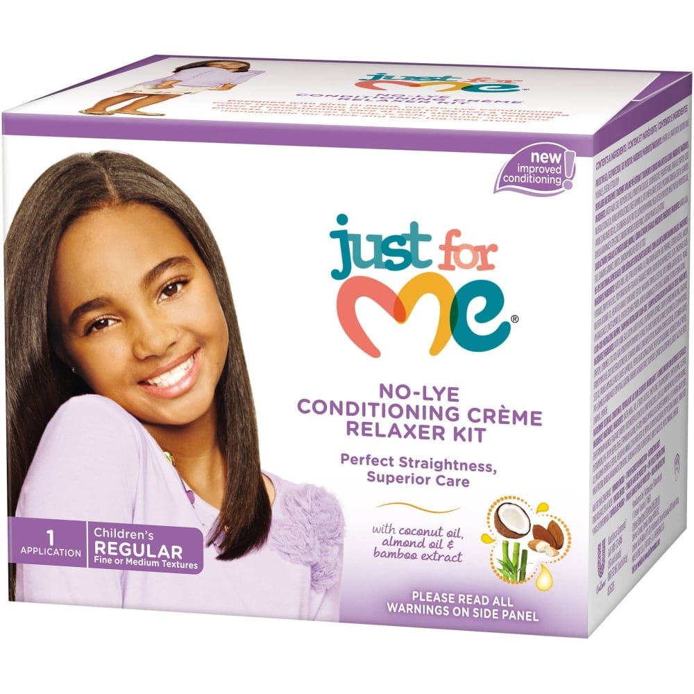 Just for Me no-lye conditioning crème relaxer kit packaging with a smiling girl on a white background