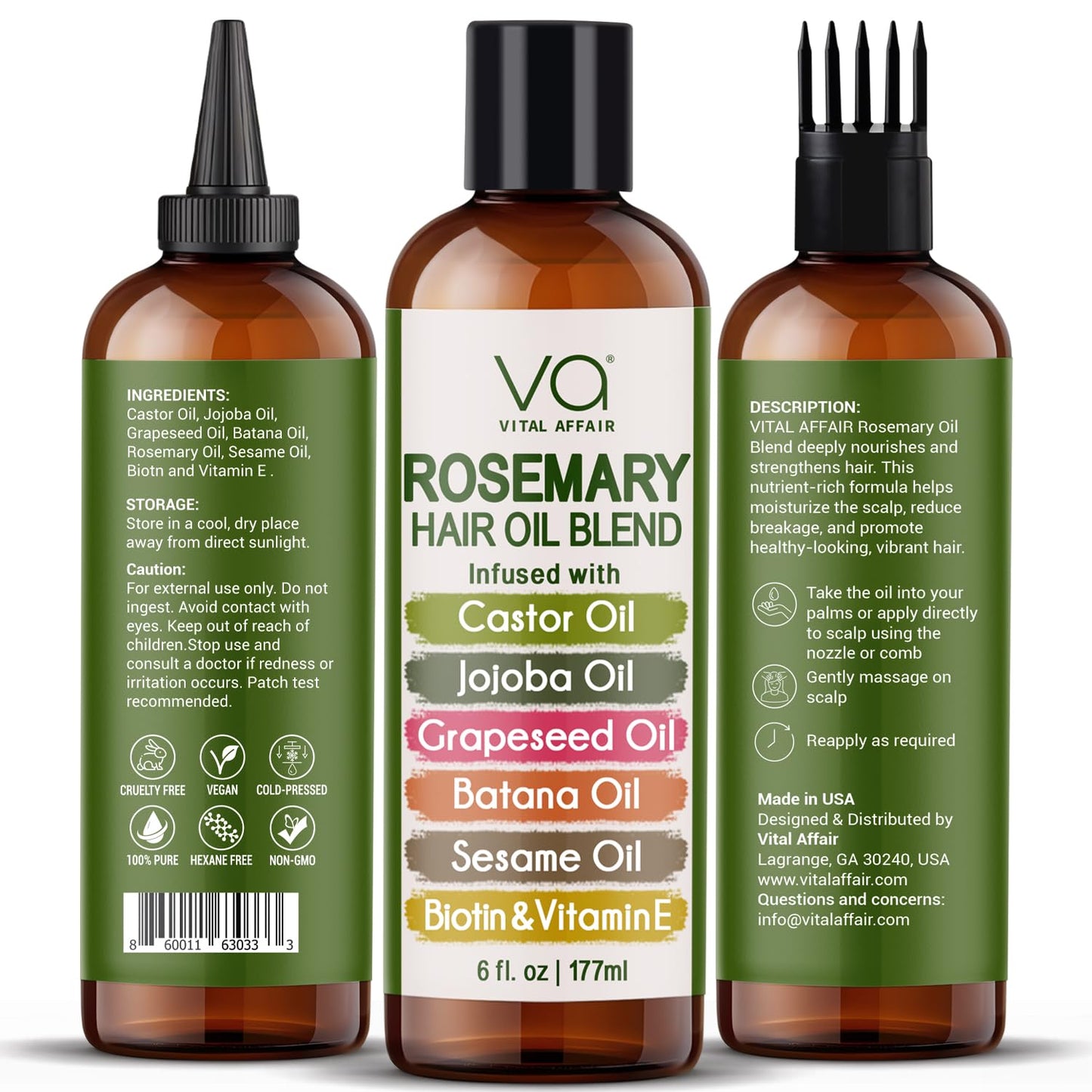 VITAL AFFAIR Rosemary Hair Growth Oil Blend | With Castor, Batana & Jojoba Oils | Infused with Biotin & Vitamin E | Strengthening Treatment, 6 Fl Oz