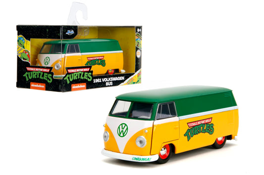Jada Toys Hollywood Rides TMNT 1961 VW Bus Die-Cast Model Car, 1:32 Scale, Opening Doors, Detailed Interior, Green & Yellow, Ages 8+