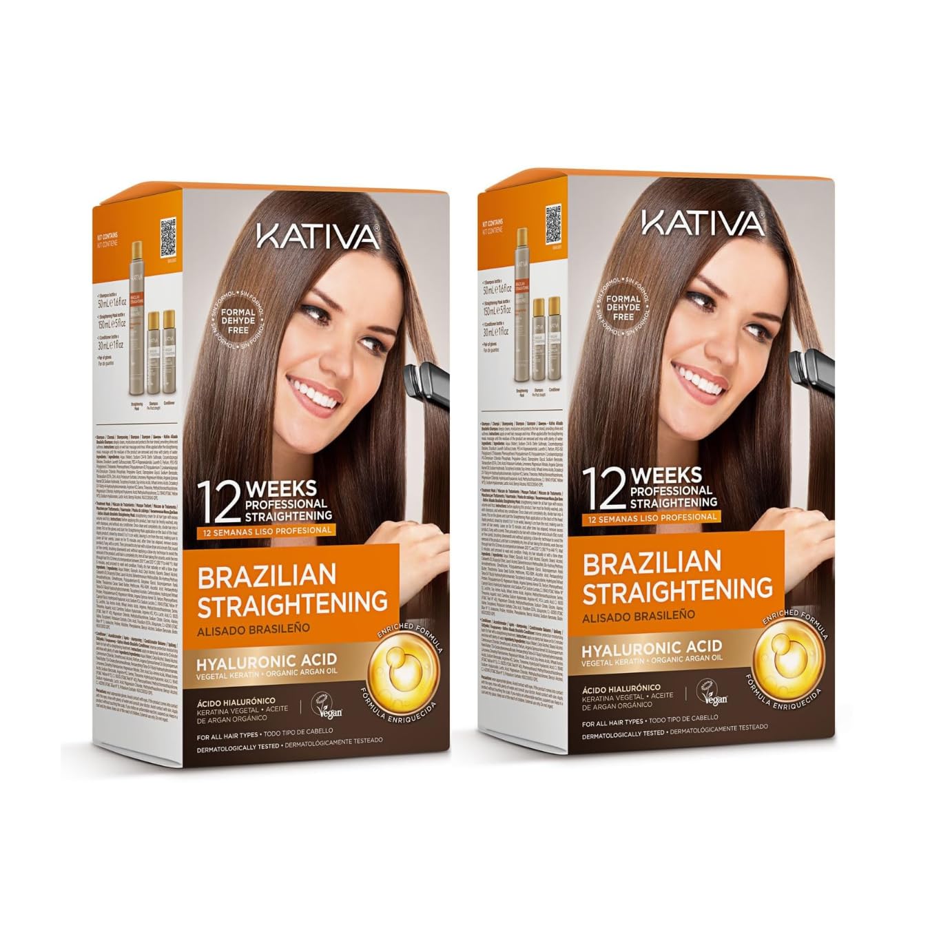 Kativa Brazilian Straightening Kit Pack of 2 – 12 Weeks Professional Hair Straightening with Argan Oil, Shea Butter, Keratin & Amino Acids