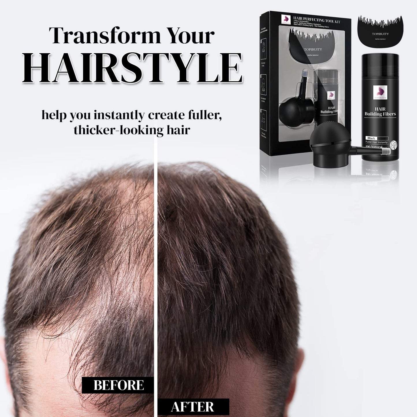 TOPIBUITY Hair Thickening Fibers & Applicator Set - Natural Long-Lasting Concealer for Fuller Hair, Thicker Beard & Crisp Hairlines (BLACK)