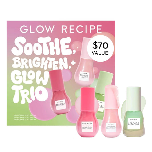 Glow Recipe Soothe, Glow & Bright 3-Piece Gift Set – Niacinamide Primer, Avocado Ceramide Serum & Guava Dark Spot Serum