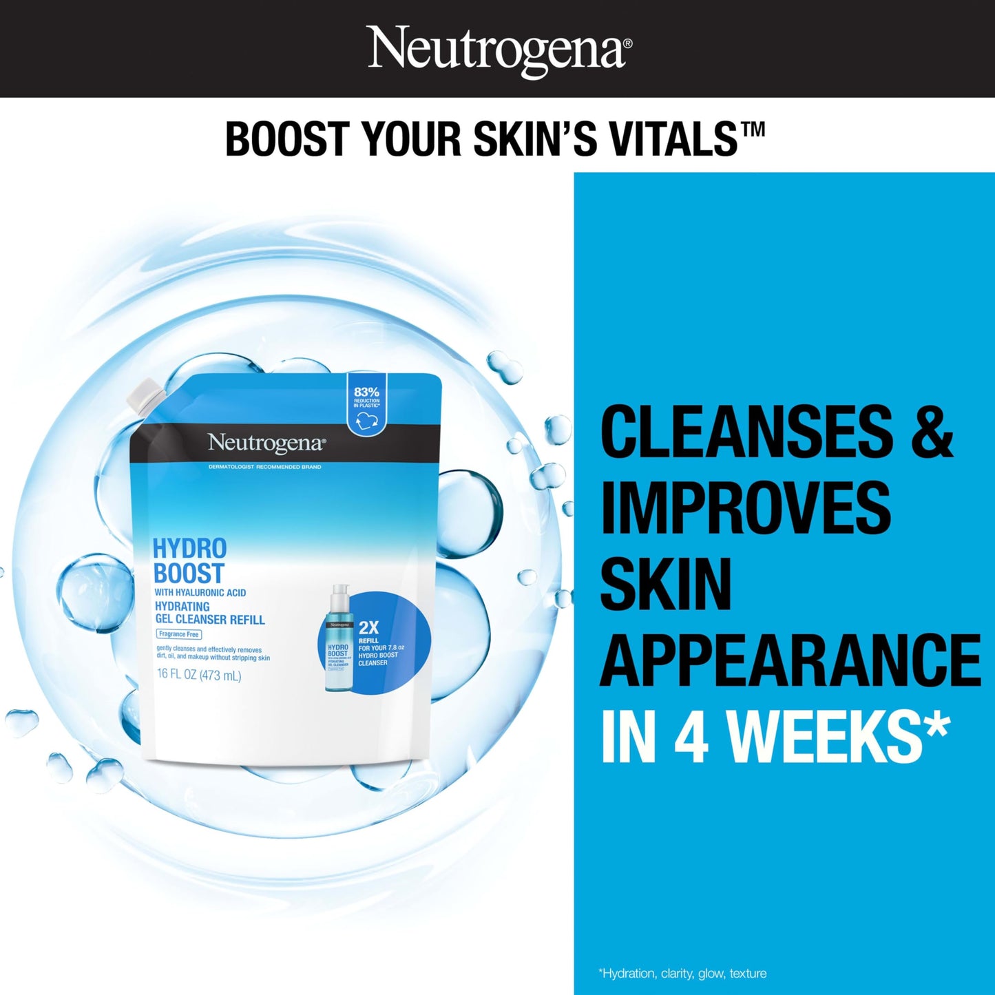 Neutrogena Hydro Boost Fragrance-Free Hydrating Gel Cleanser with Hyaluronic Acid – Daily Foaming Face Wash & Makeup Remover, 16 fl. oz Refill