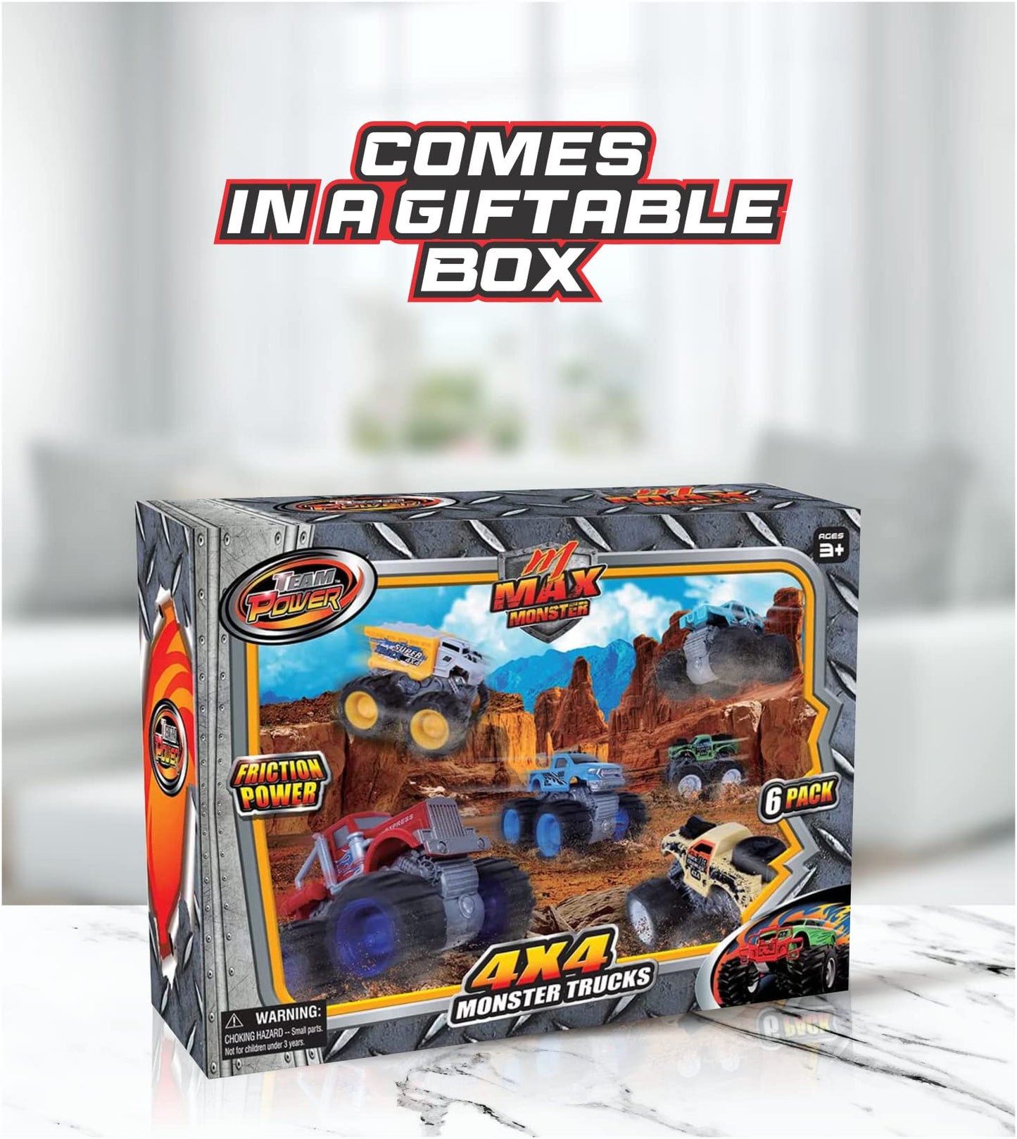 Team Power Monster Trucks 6-Pack – Friction Powered 4WD Toy Cars for Boys & Girls, Giant Wheels, 360° Stunts, Ages 3+ [Amazon Exclusive]