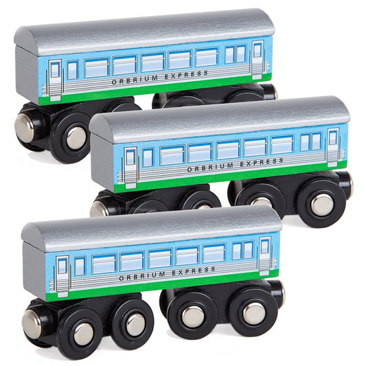 Orbrium 3 Pcs Large Wooden Railway Express Coach Cars, Compatible with Thomas & Friends Push-Along The Tank Engine, Brio, Chuggington Wooden Train