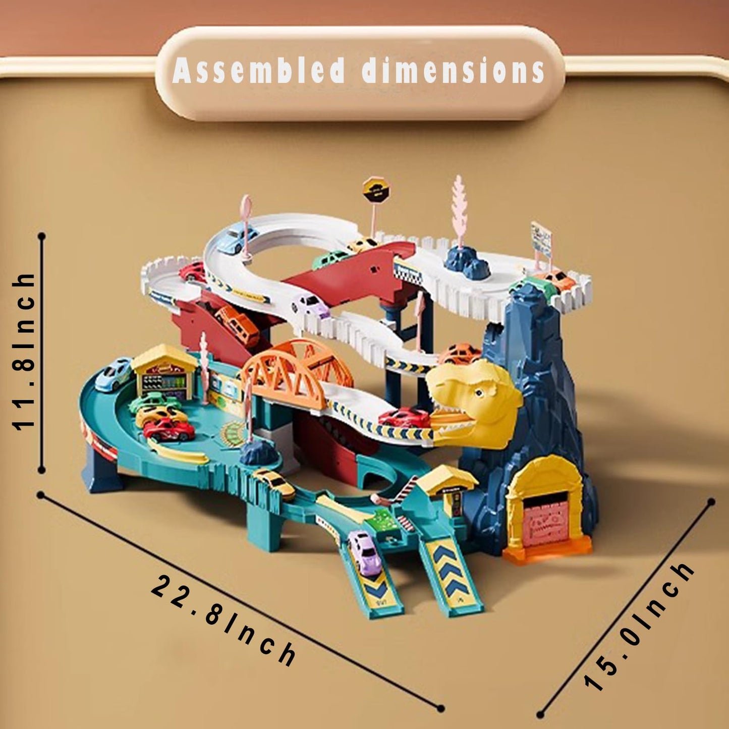 Dinosaur Hill Toy Car Ramp Track Playset with 12 Mini Racer Cars, Colorful Rails & Climbing Hills for Kids Ages 3+