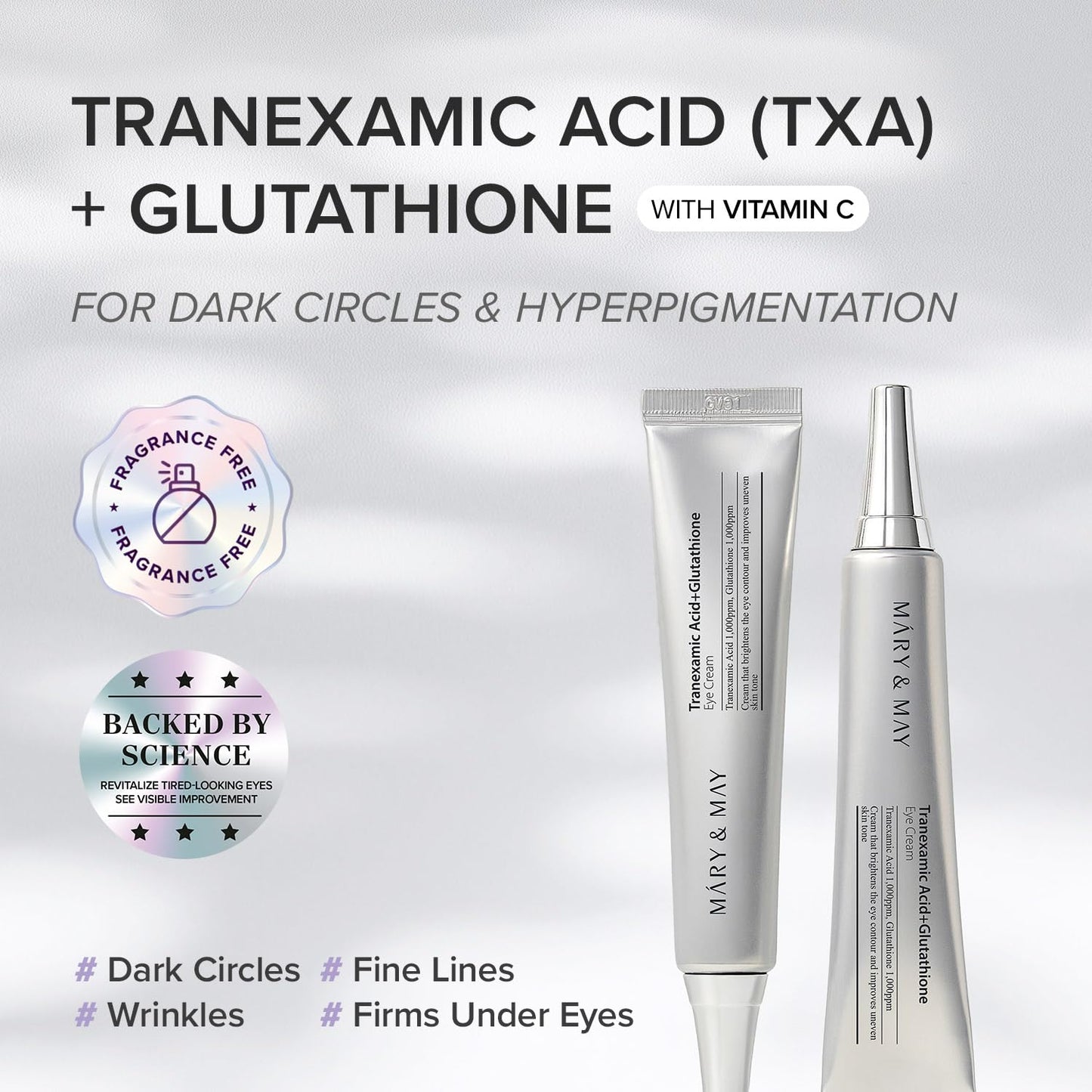 Mary&May Tranexamic Acid + Glutathione Eye Cream for Dark Circles, Hyperpigmentation, Wrinkles & Fine Lines, Niacinamide & Vitamin C, 1.01 oz