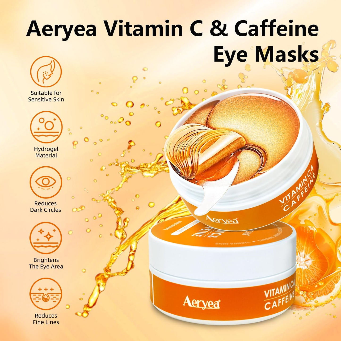 Aeryea Vitamin C & Caffeine Under Eye Patches, 30 Pairs – Reduce Dark Circles, Puffiness & Fine Lines with Niacinamide Collagen