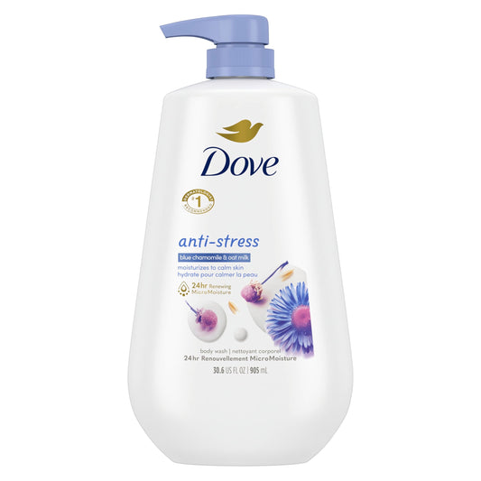 Dove Anti-Stress Body Wash with Pump – Blue Chamomile & Oat Milk, 24hr Moisturizing Cleanser, Sulfate & Paraben Free, 30.6 oz
