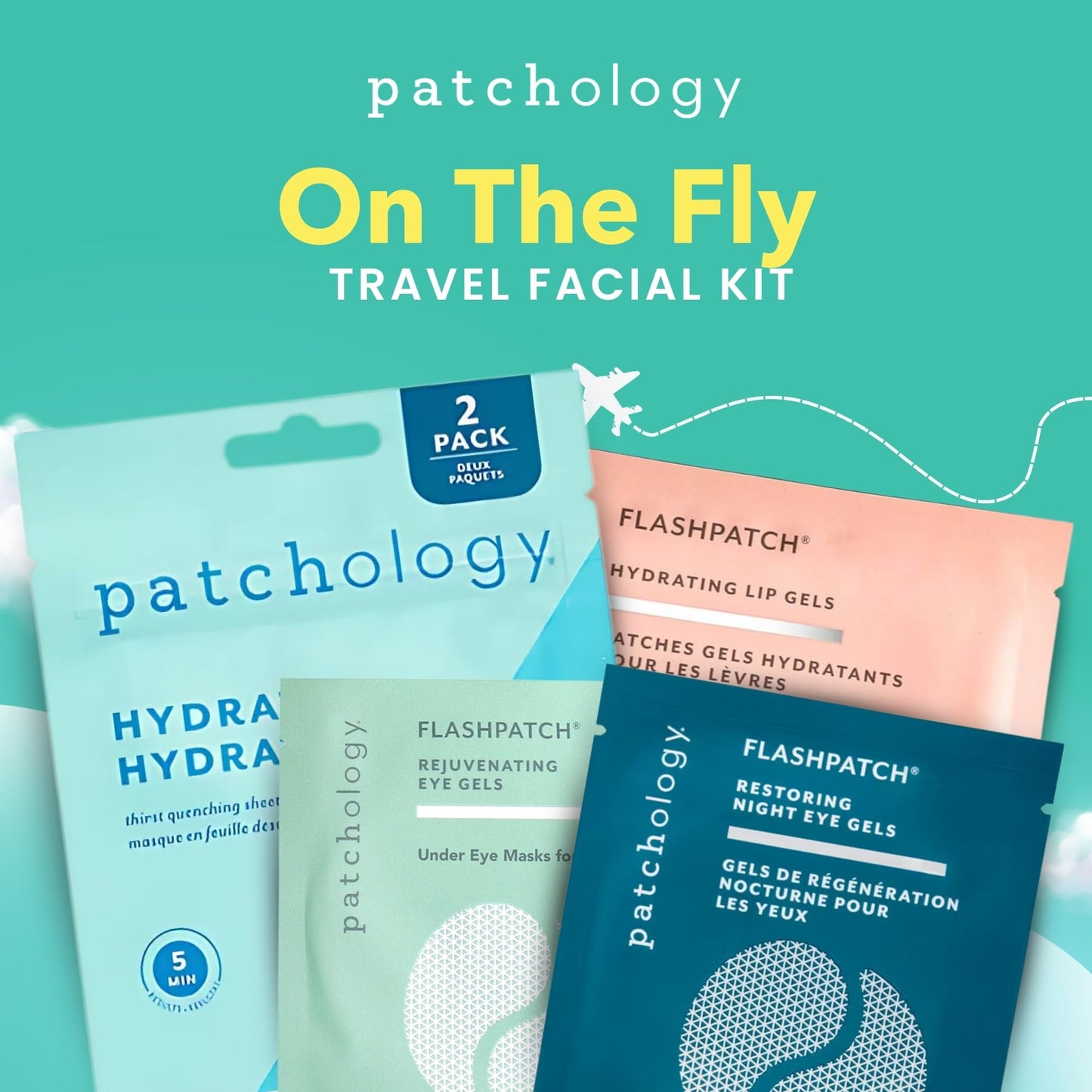 Patchology On The Fly Travel Facial Kit – Hydrating Sheet Masks & Patches for Face, Eyes & Lips, Travel-Friendly Skincare Essentials