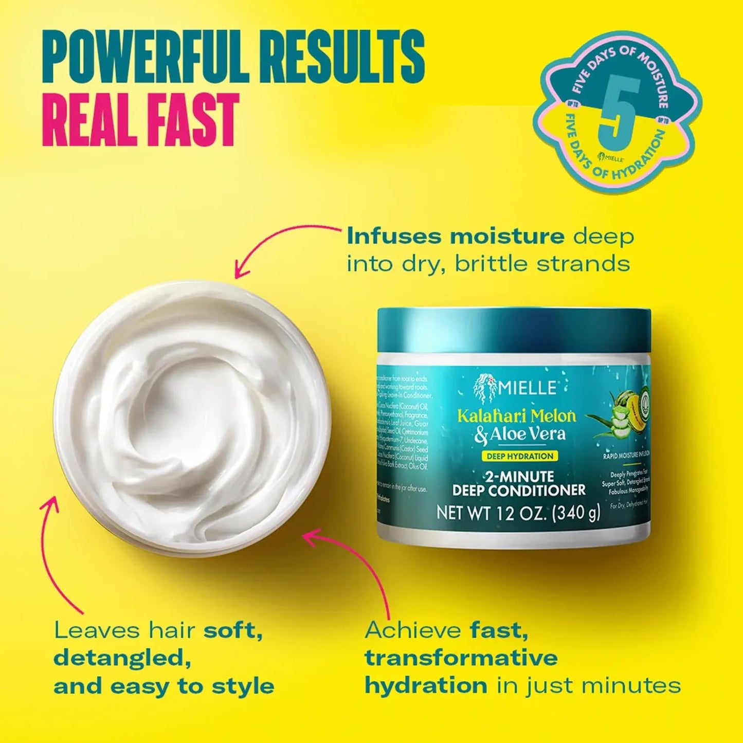 Mielle 2-Minute Deep Conditioner with Kalahari Melon & Aloe Vera – Fast Moisture Boost for Dry, Curly & Textured Hair – Softens & Detangles, 12 oz