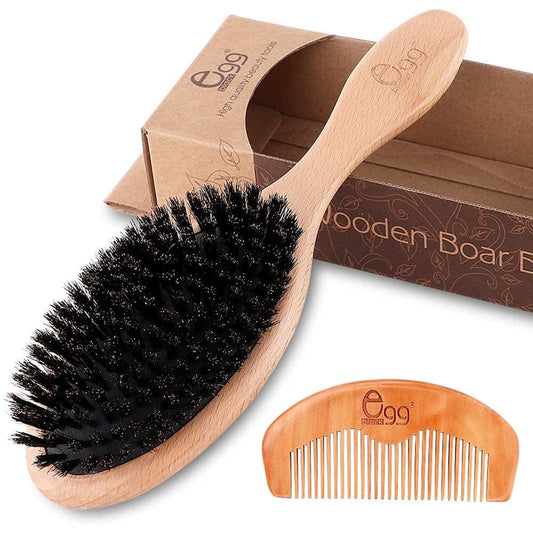 BLACK EGG Boar Bristle Hair Brush Set – Soft Natural Bristles for Thin & Fine Hair, Restores Shine & Texture, Includes Bamboo Comb & 3 Hair Ties