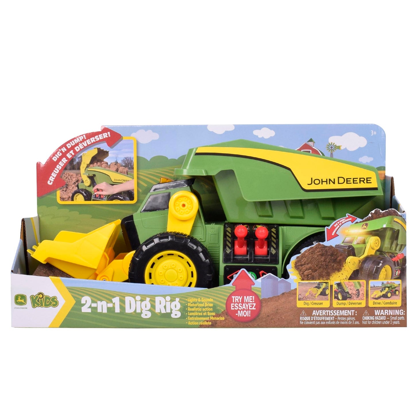 John Deere 18" Motorized Dig Rig: 2-in-1 Toy Dump Truck & Front Loader with Realistic Lights & Sounds, Dual Joystick - Kids 3+