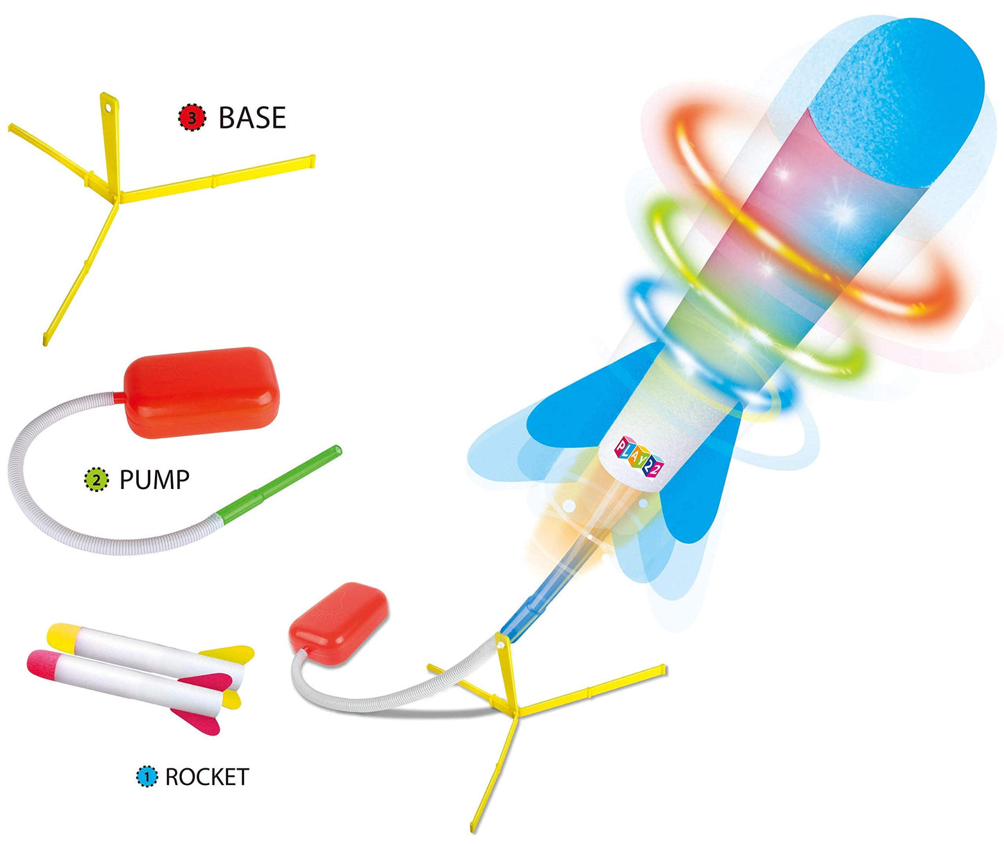 Play22 Kids Rocket Launcher Toy with LED Lights – Shoots 100+ ft, Includes 6 Foam Rockets in 3 Colors, Outdoor Fun Gift for Ages 3+