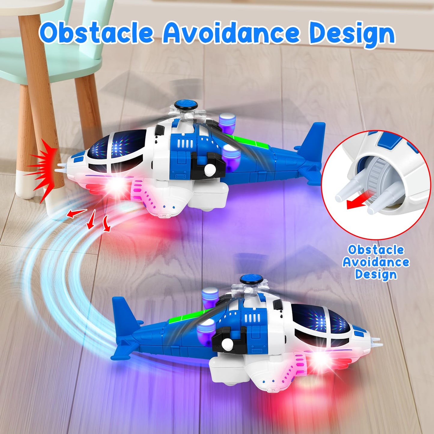 Toddler Helicopter Toy with Lights & Sounds, 360° Spin, Automatic Bump Action, Sensory Airplane for Boys & Girls Ages 1-5 (Blue)