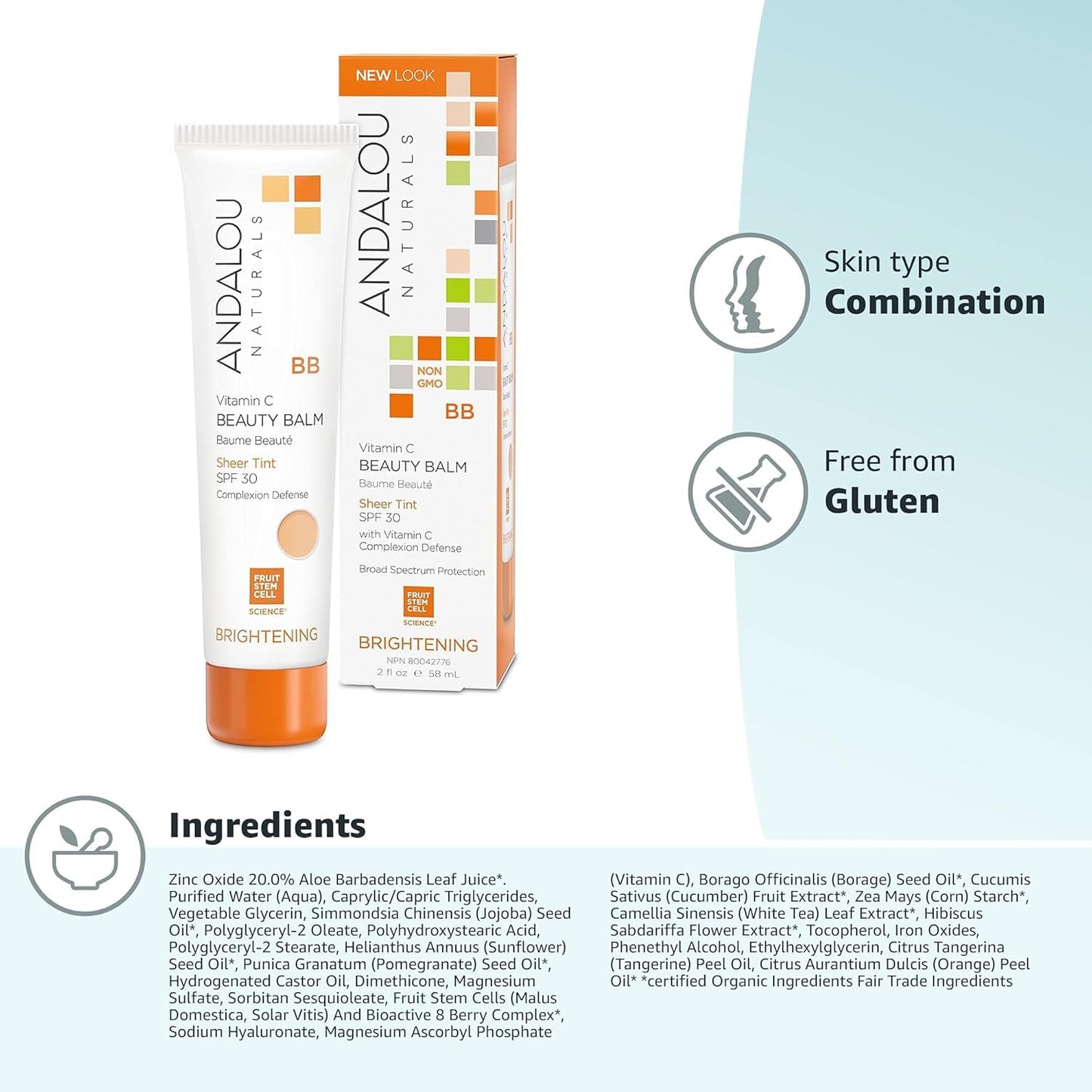 Andalou Naturals Vitamin C BB Beauty Balm SPF 30 – Sheer Tint 2-in-1 BB Cream & Mineral Sunscreen, Non-Nano Zinc Oxide, 2 fl oz