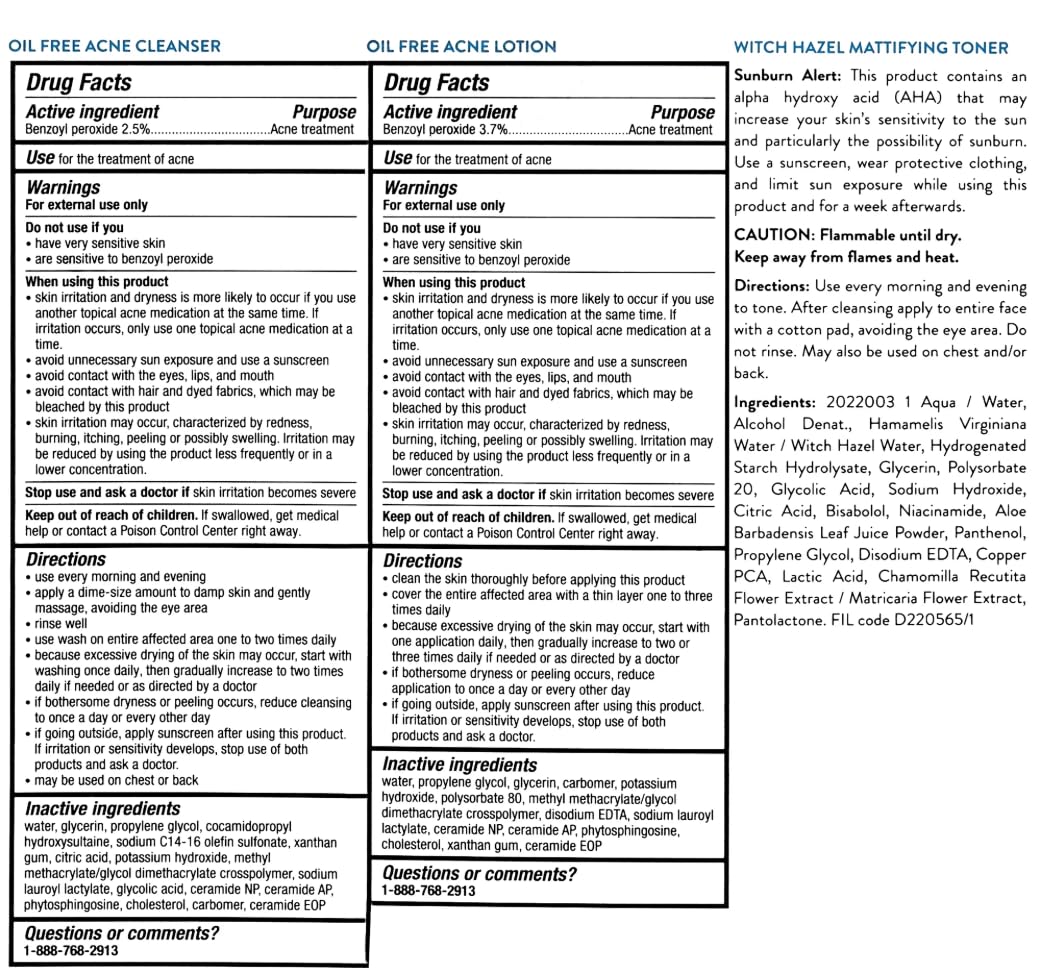 Acne Free 3 Step 24-Hour Acne Treatment Kit - Oil-Free Cleanser, Witch Hazel Toner & Acne Lotion with Benzoyl Peroxide for Teens & Adults
