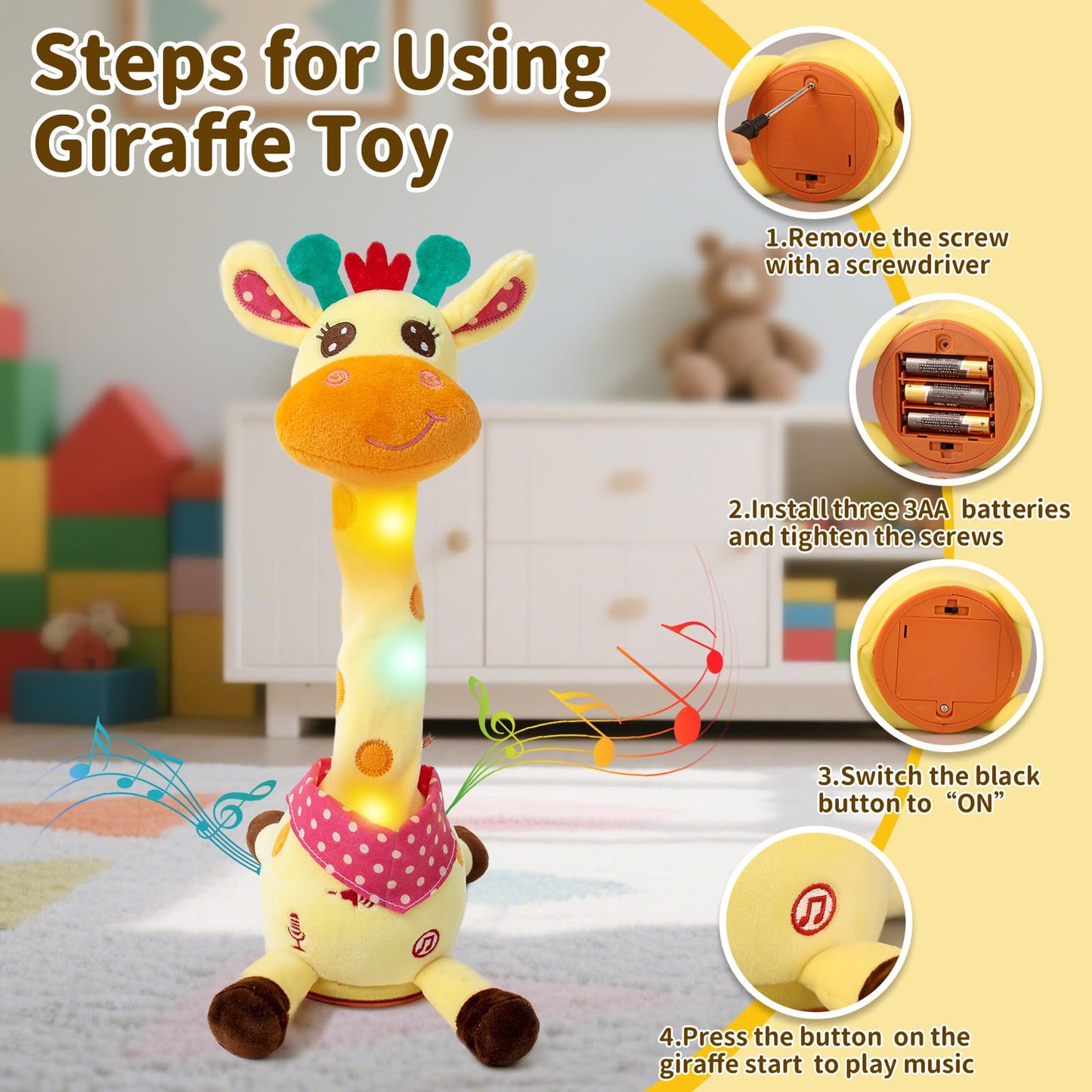 Emoin Dancing Talking Giraffe Toy – Singing, Mimicking & Recording with Adjustable Volume, 10 Songs for Toddlers