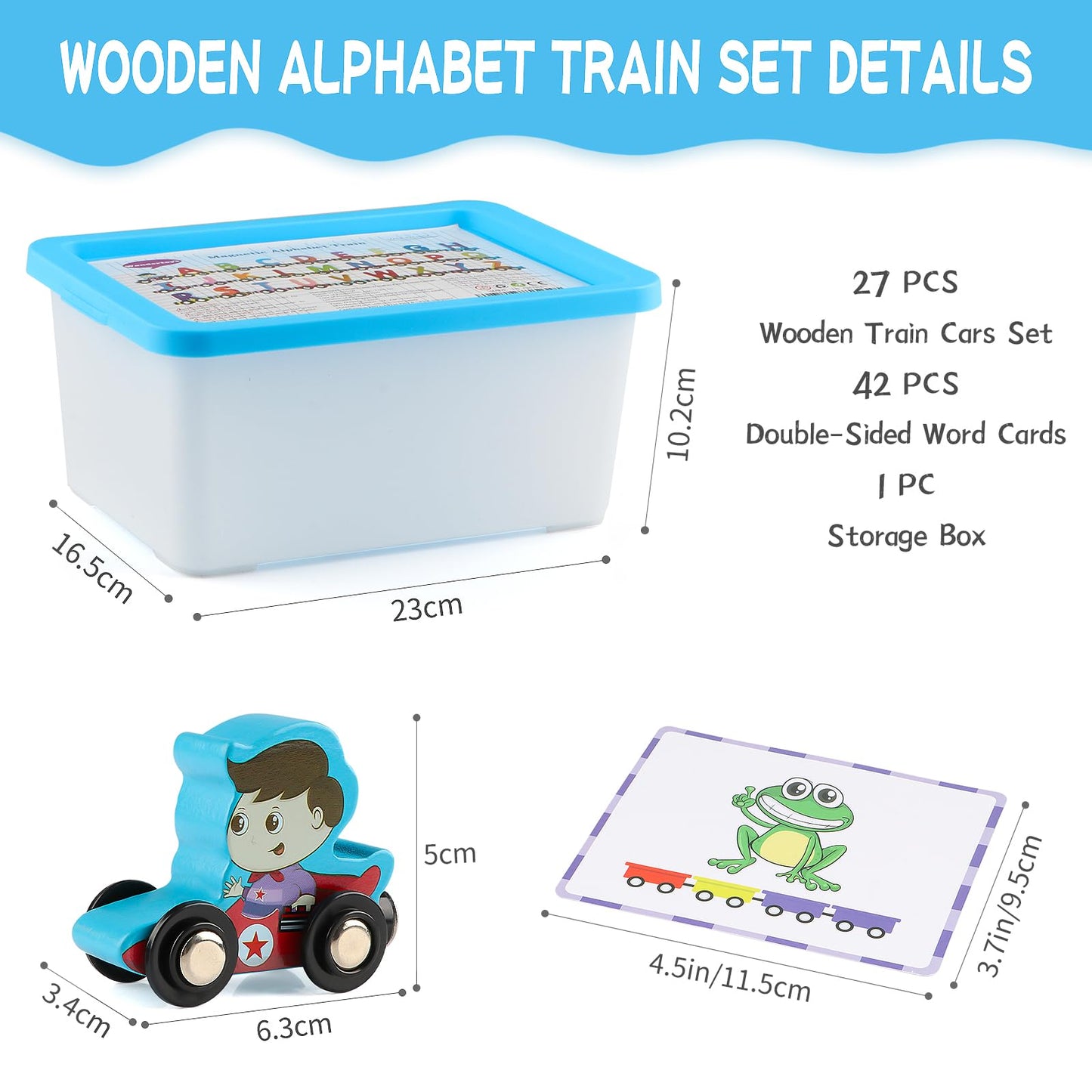 Wondertoys Wooden Alphabet Train Toy 27PCS Magnetic ABC Letters with 42 Flash Cards, Engine & Storage Box for Toddlers & Kids