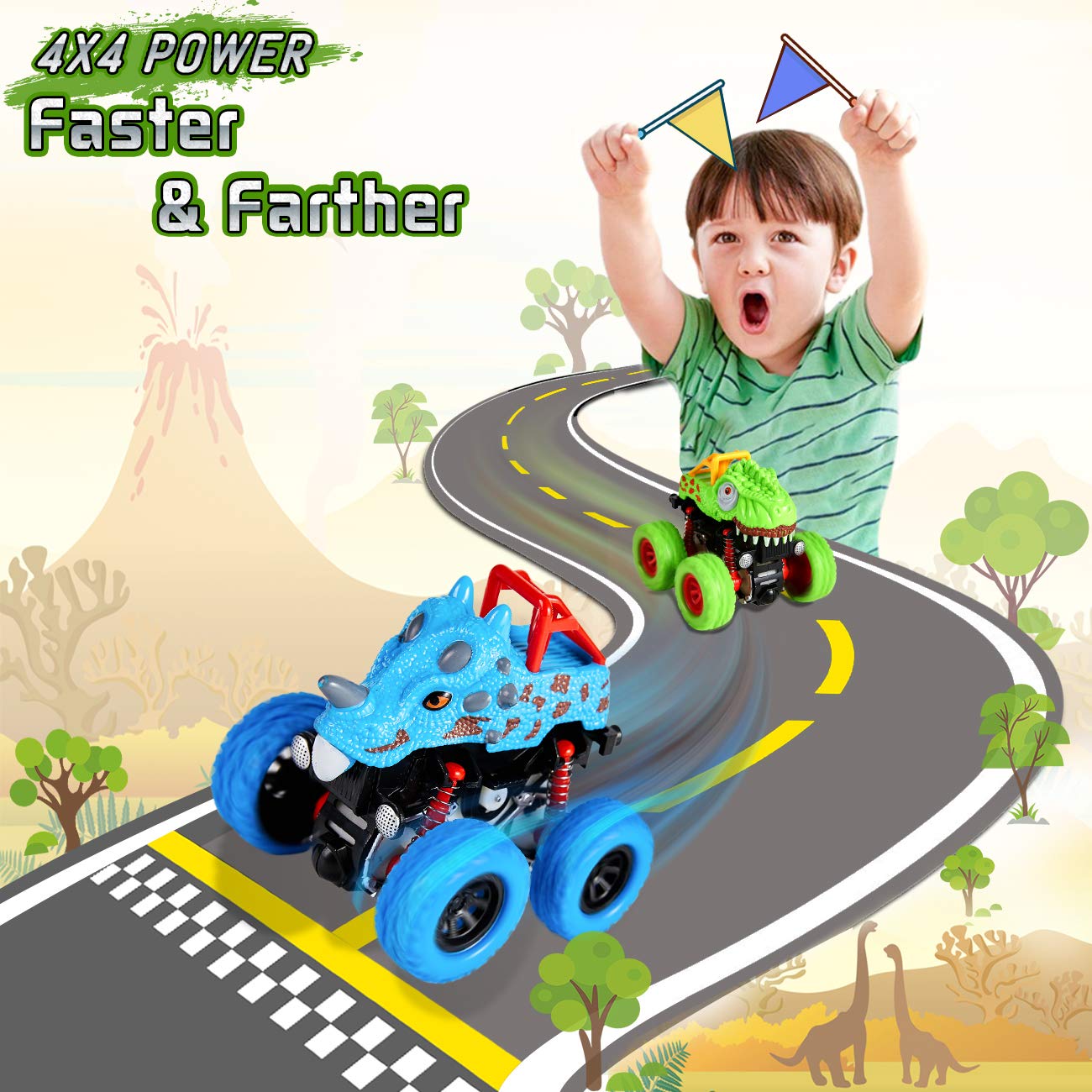 LODBY Dinosaur Monster Truck Toys for Boys Ages 2-6 - Push and Go Cars for Toddlers, Fun Dino Toys for Kids 3-5, Birthday & Christmas Gifts