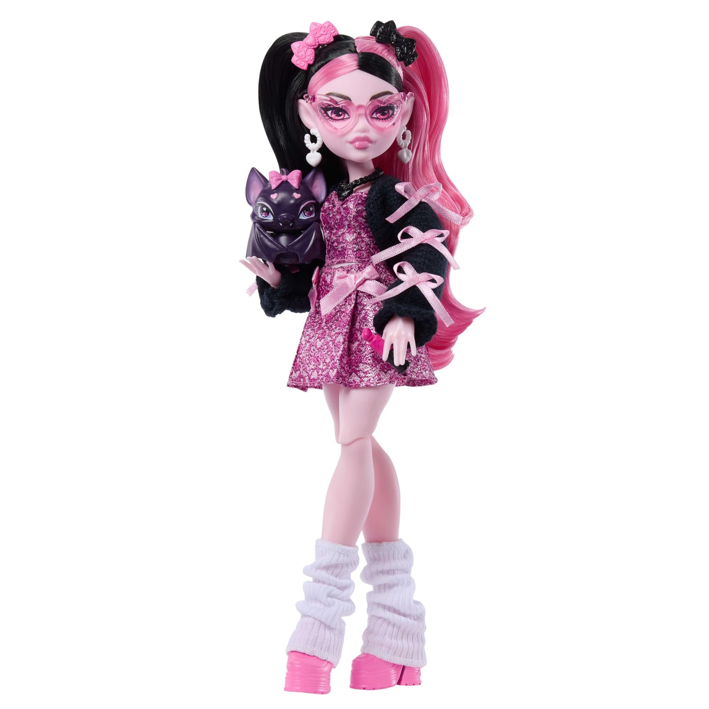 Monster High Doll, Draculaura in Pink Bow Dress and Black Cardigan with Pet Bat Count Fabulous and 7 Accessories Like Ramen, Lipstick and Purse