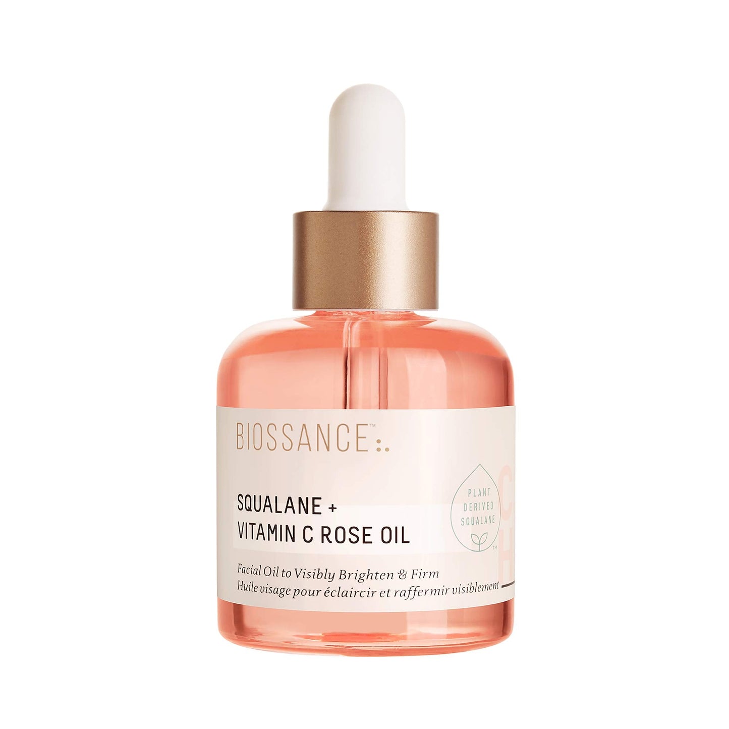 BIOSSANCE Squalane + Vitamin C Rose Facial Oil - Brighten, Firm & Hydrate Skin with Damascus Rose & Chios Crystal, 1 oz
