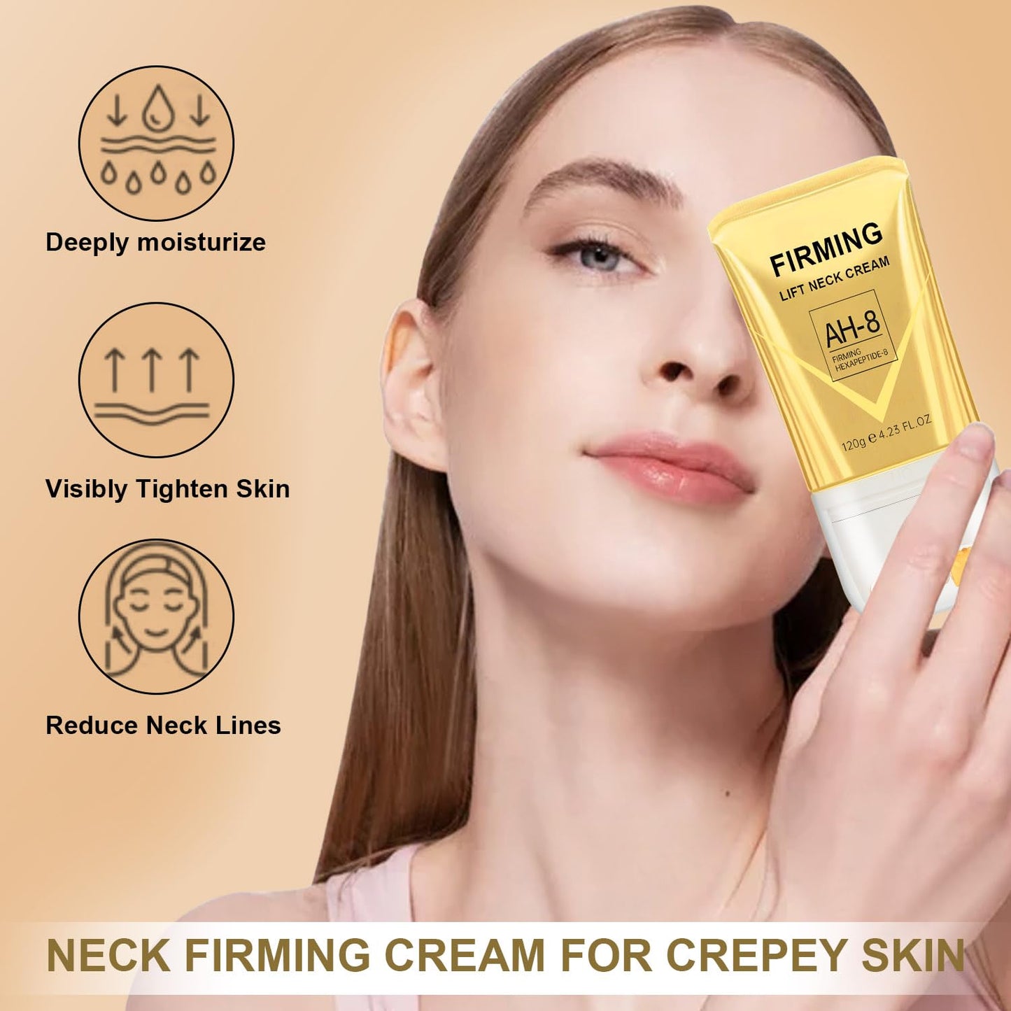 AH-8 Neck Firming Cream with Roller – Deep Moisturizing, Lifts & Firms Crepey Skin for Men & Women, 4.21 FL OZ, Gold