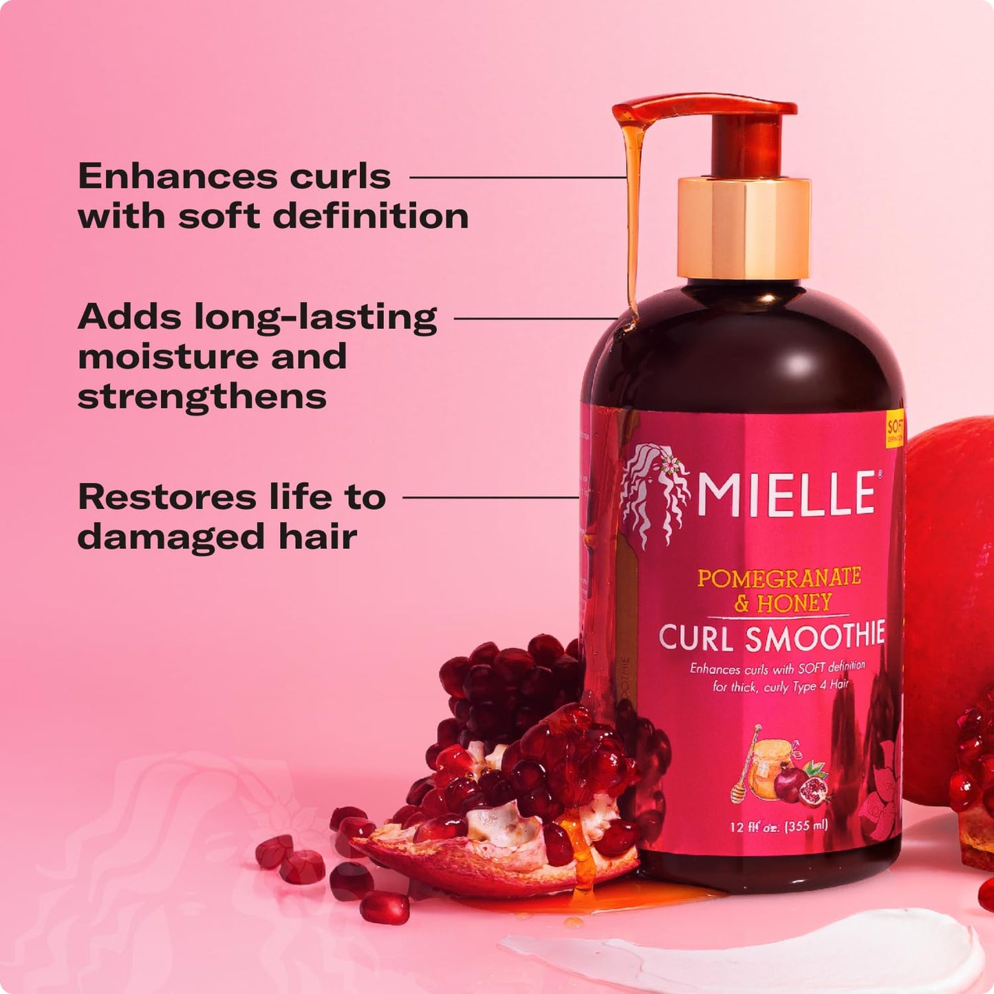 Mielle Organics Pomegranate & Honey Curl Enhancing Smoothie – Moisturizing Cream for Type 4 Curly & Coily Hair, Softens, Strengthens & Defines, 12 Fl Oz