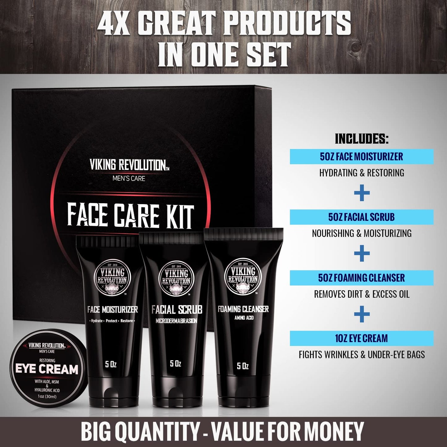 Viking Revolution Men's Skincare Kit – Face Moisturizer, Microdermabrasion Scrub, Foaming Cleanser (5oz) & Eye Cream (1oz)