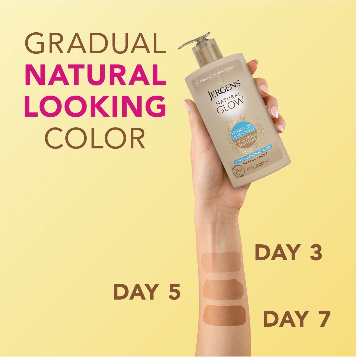 Jergens Natural Glow Hydra Gel Moisturizer with Hyaluronic Acid – Hydrating Self Tanner for Fair to Medium Skin, Fragrance-Free, 8.3 fl oz