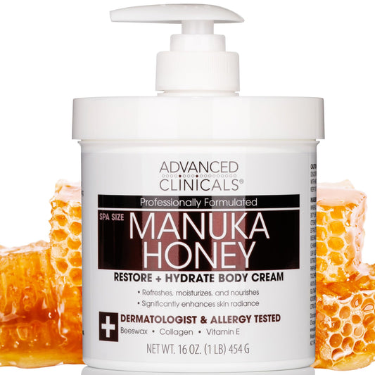 Advanced Clinicals Manuka Honey Body Cream for Dry Skin – Hydrating Collagen Body Butter & Moisturizer for Men & Women, 16 oz