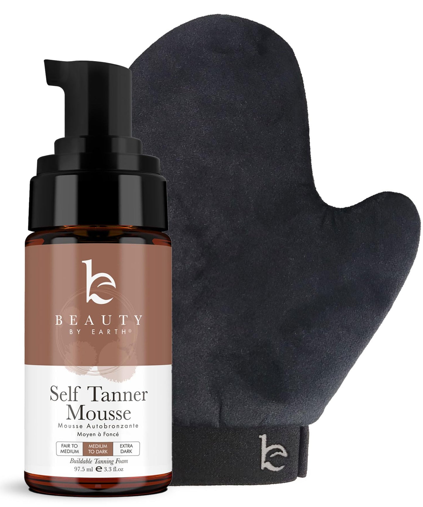 Self Tanner Mousse Kit - Medium to Dark Sunless Tan, Foam & Applicator Mitt, Natural & Organic Ingredients, Made in USA