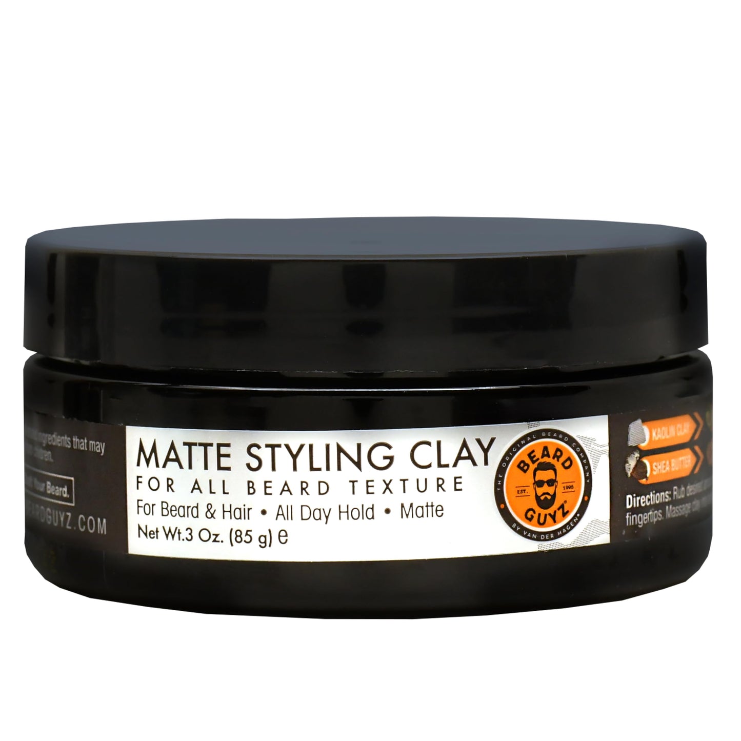 Jar of matte styling clay for beard and hair on a white background