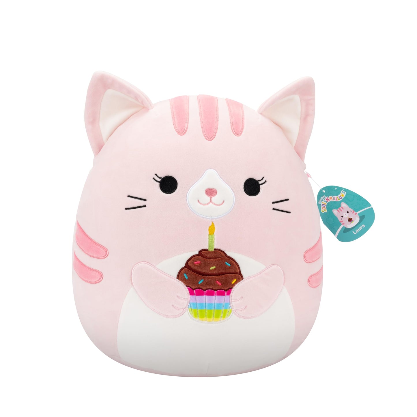 Squishmallows Original 14in Laura The Pink Tabby Cat Holding Birthday Cupcake – Official Jazwares Plush (Large)