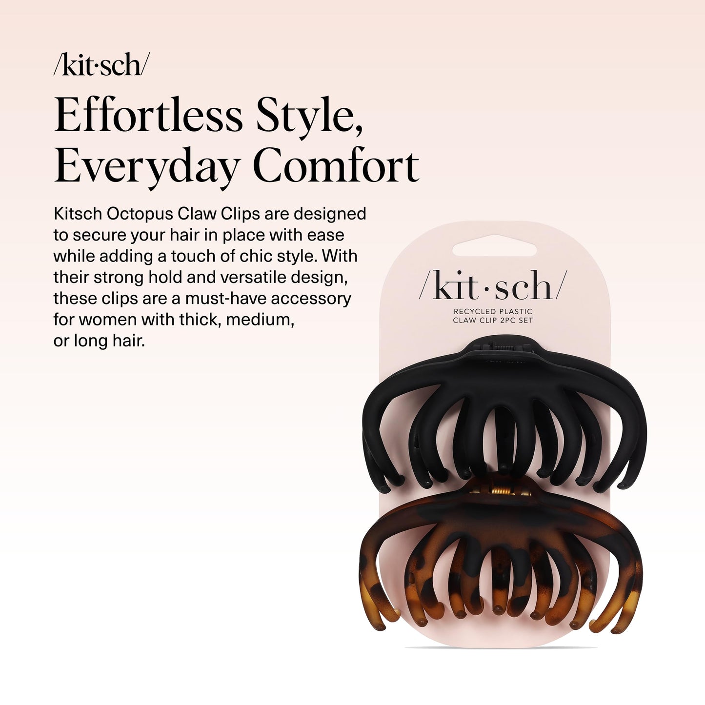 Kitsch Octopus Claw Clips for Women - Cute & Stylish Hair Clips for Everyday Use, Octopus Claw Clip for Thick Hair | Ideal Gifts for Women - Black & Tortoise, 2pcs