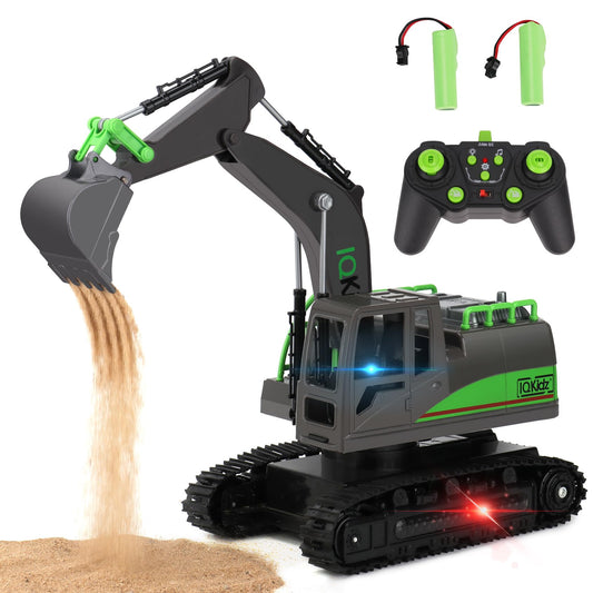 IQKidz RC Excavator Toy for Boys 4-10+ – Metal Shovel Construction Vehicle with Lights, Sounds, 2.4G Rechargeable Remote Control