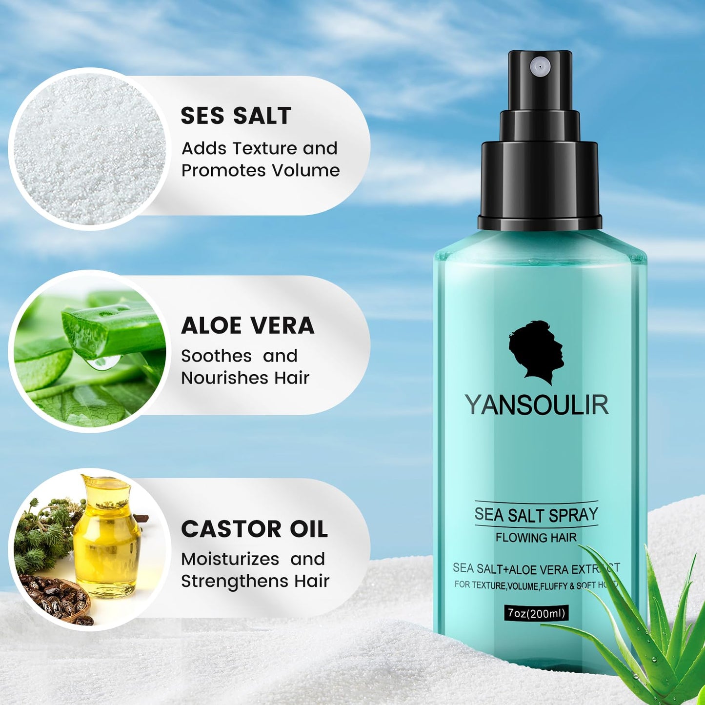 Yansoulir Men's Sea Salt Spray – Natural Hair Texturizer with Sea Salt, Kelp & Aloe Vera for Added Volume, Texture & Soft Hold – 7 oz