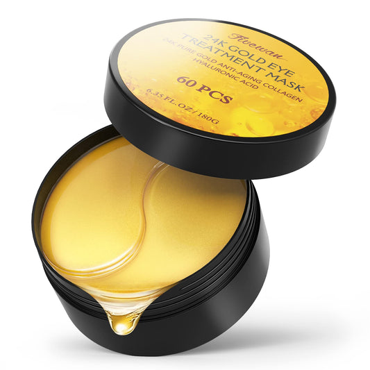 Fivewan 24K Gold Under Eye Patches - 60pcs Collagen & Hyaluronic Acid Masks to Reduce Dark Circles, Puffiness & Wrinkles