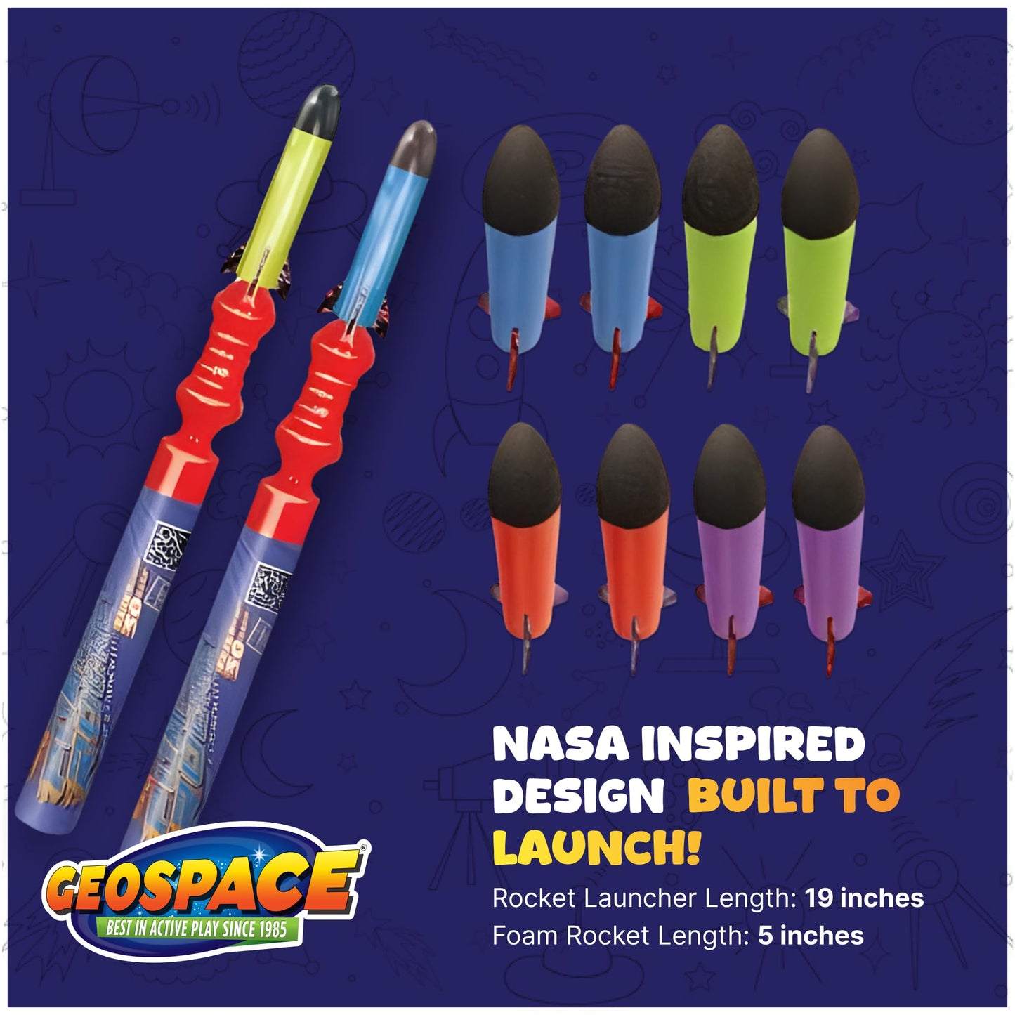 Geospace Handheld Pump Rocket Battle Pack – 2 Launchers & 10 Flying Foam Rockets, 19" Stomper Rocket Toy for Kids Boys & Girls