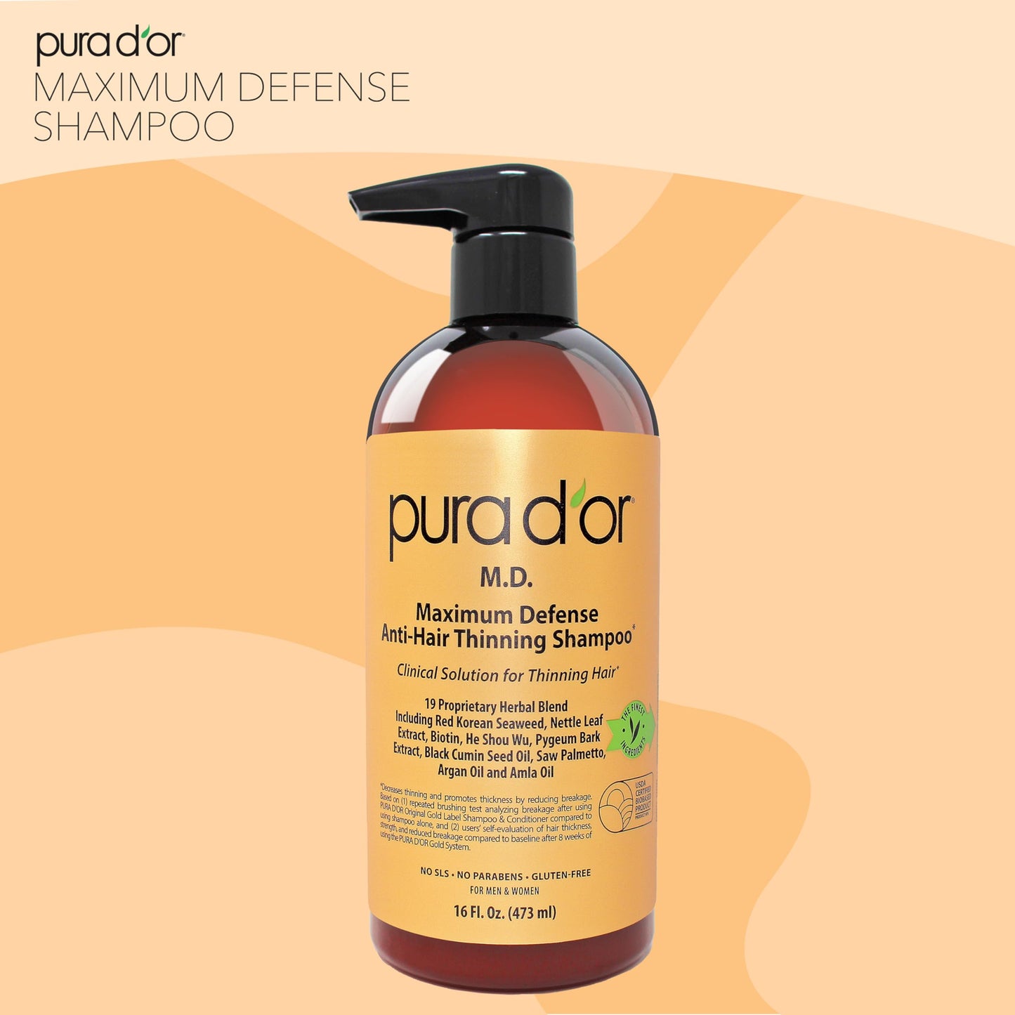 PURA D'OR MD Anti-Hair Thinning Shampoo 16oz – 0.5% Coal Tar, Biotin & Herbal Blend for Dry, Itchy Scalp – Sulfate-Free for Men & Women