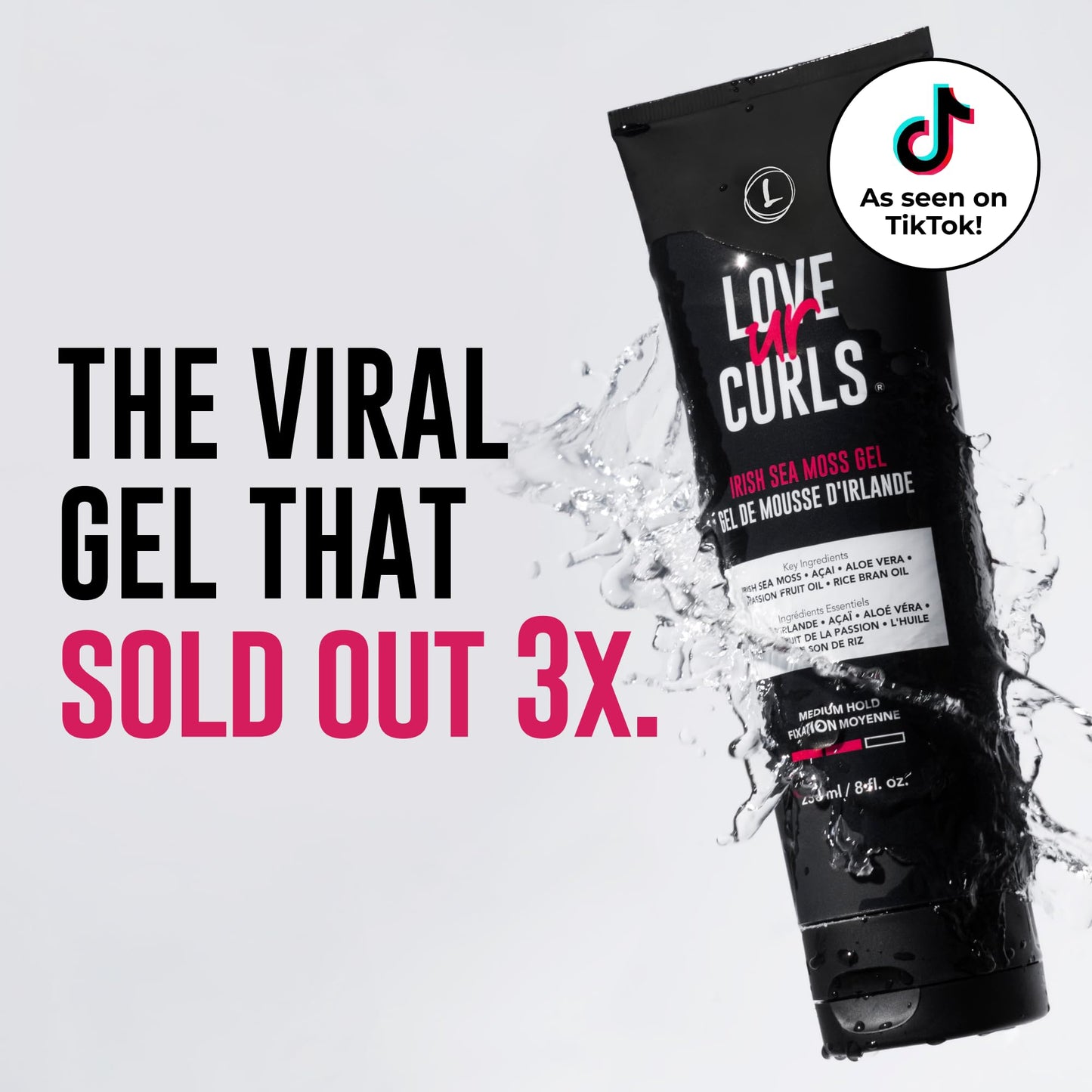 Love Ur Curls Irish Sea Moss Hair Gel, Medium Hold Hair Styling Curling Gel for Defined Curly Hair, Waves & Coils, Vegan, Cruelty Free, 236mL