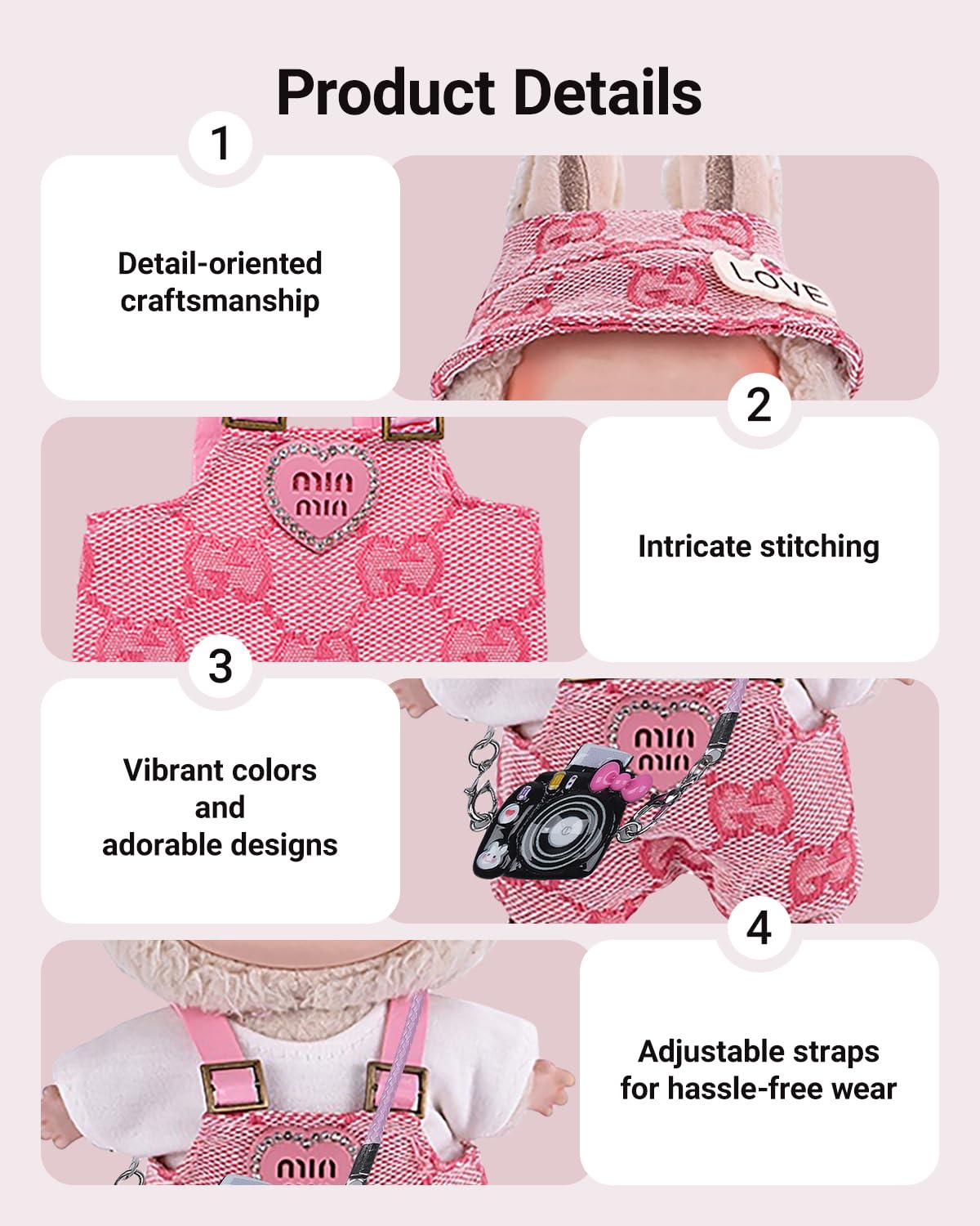 Ariker 4-Piece Doll Clothes Set for 15-17cm Labubu Dolls – Pink Outfit with Top, Overalls, Hat & Handbag (No Doll/Shoes) AK060PK