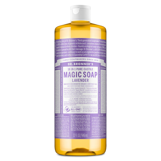 Dr. Bronner’s Pure-Castile Liquid Soap, Lavender 32oz – All-Natural, Regenerative Organic Oils, 18-in-1 Face, Body, Hand & Hair Wash