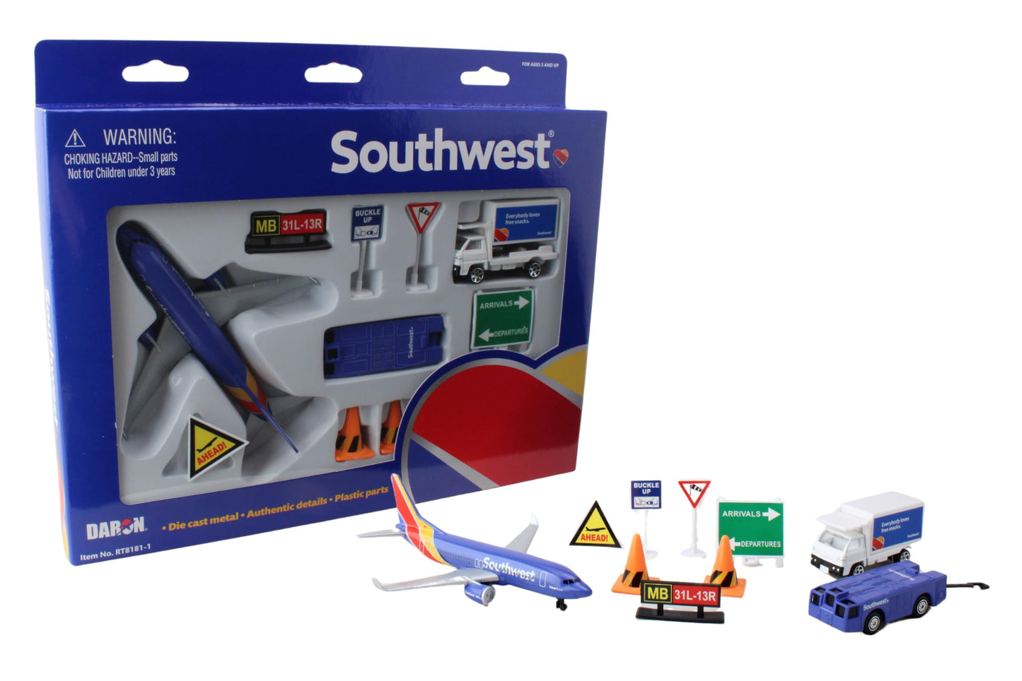 Daron Southwest Airlines Airport Playset with Die-Cast Metal Model Airplane with Plastic Parts, Cars and Transportation Toys for Kids Ages 3+