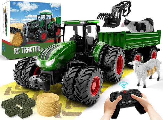 Uarzt RC Tractor Toy Set with Truck, Trailer & Front Loader, Metal 8-Wheel Vehicle with Lights – Farm Toy for Kids 3-9 Years Birthday Gift