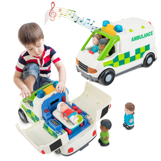 Auspint Friction-Powered Ambulance Toy with Lights & Sounds – Rescue Role Play Set for Toddlers, Boys 1-3, Birthday & Party Gift