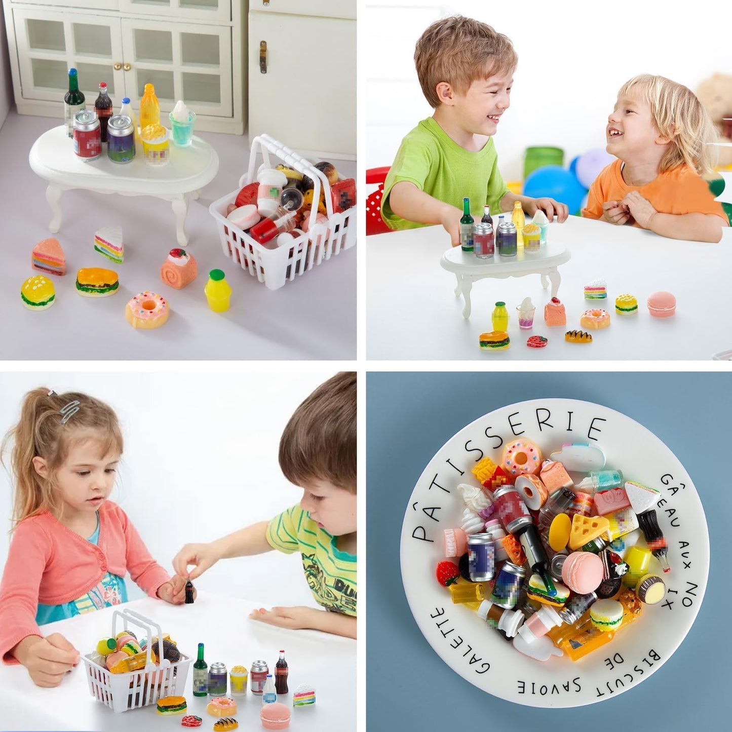 50 Pcs Miniature Food & Drink Bottles for 1/12 Dollhouse – Soda, Snacks, Cake, Ice Cream, Pretend Play Kitchen Toys (25 Food + 25 Drink)