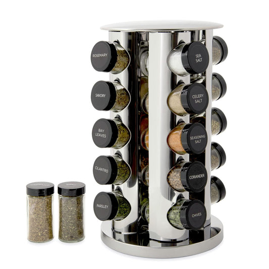 Kamenstein 20 Jar Revolving Countertop Spice Rack with Spices Included, FREE Spice Refills for 5Years, Polished Stainless Steel with Black Caps, 30020